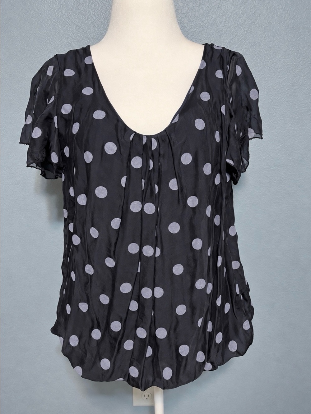 Italy Blue Silk Blend Polka Dot Blouse Sheer Elastic Hem Flowy Pleated Medium